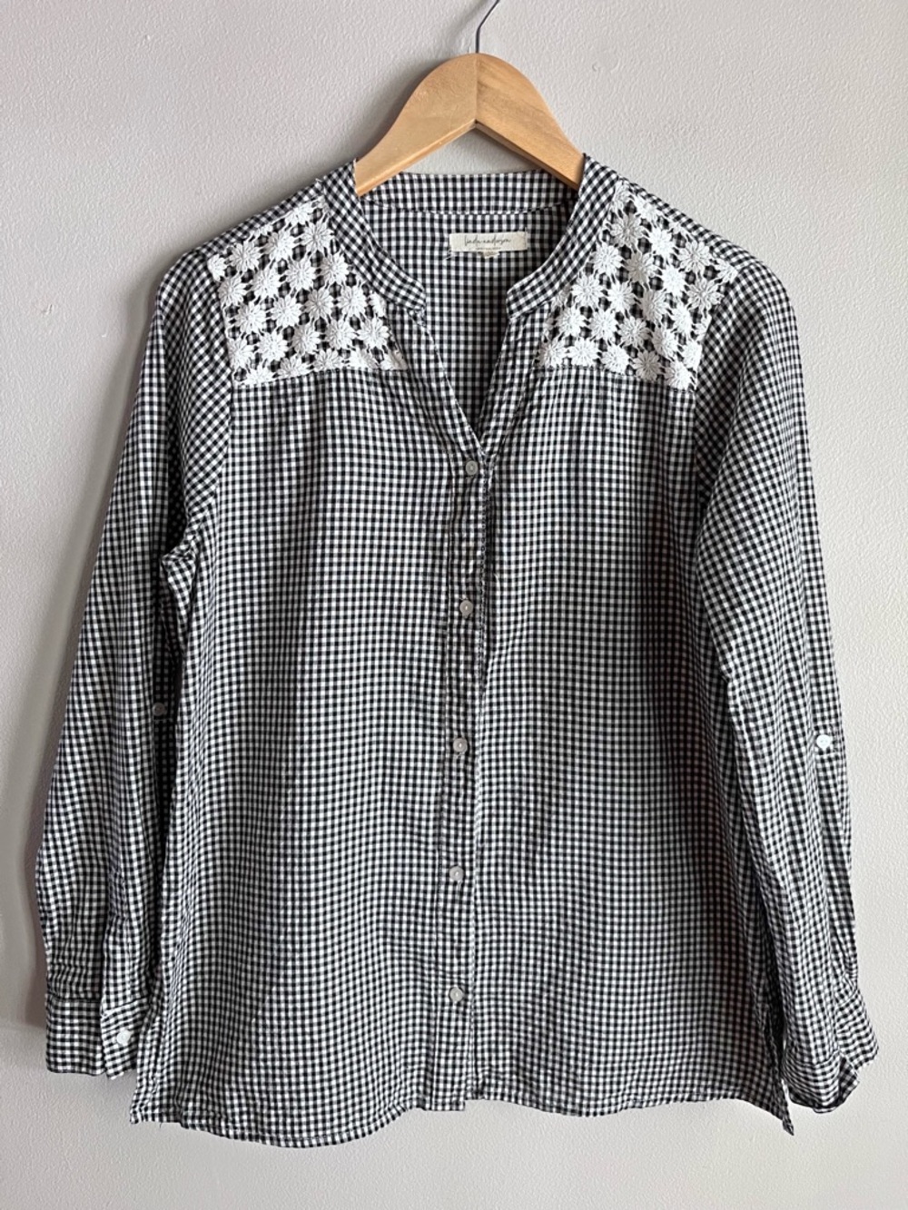 Linda Anderson Gingham Lace Blouse Black White Cotton Button Front M